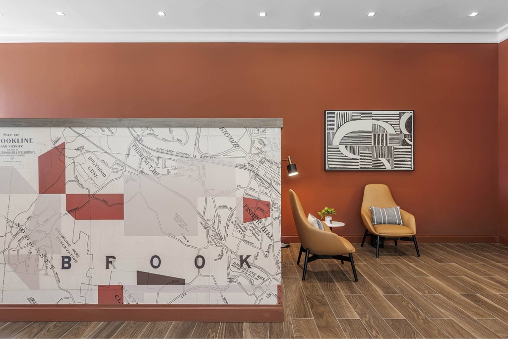 a wall with a map and chairs in a room