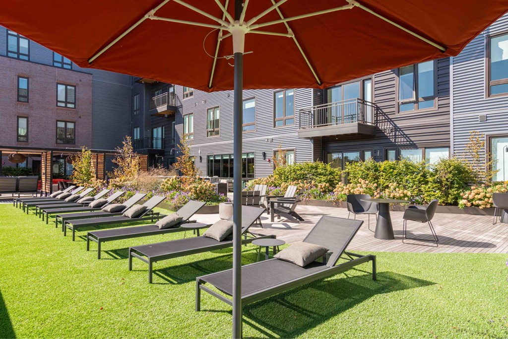 a row of lounge chairs under an umbrella outside relaxing space
