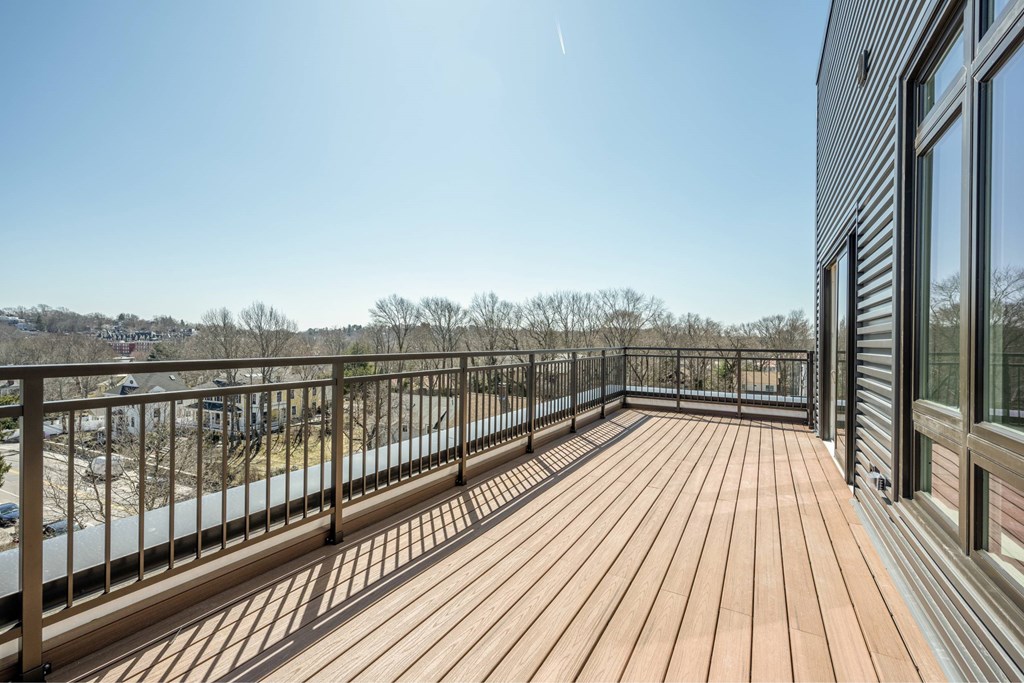 large deck space  with a view of the city