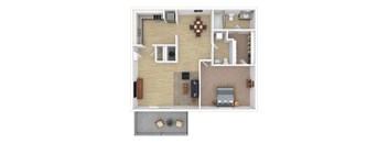 a stylized floor plan with a bedroom and a living room