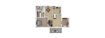 a stylized floor plan with a bedroom and a living room