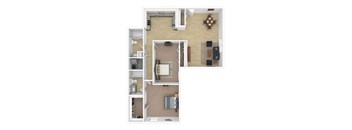 a stylized floor plan with a bedroom and a living room