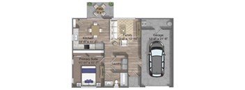 Marie Floor Plan 717 sqft with garge. a floor plan of a house with a car on it