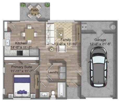 Marie Floor Plan 717 sqft with garge. a floor plan of a house with a car on it