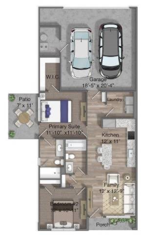 Levi Floor Plan 2x2 Duplex with 2 car garage 808 sqft