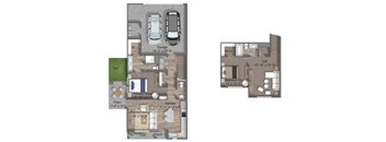 2x2 two story duplex with 2 car garage and small backyard. 1293 sqft.