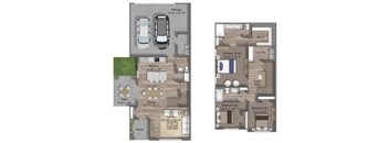 3 bedroom, 2.5 bath, two story duplex with two car garage. 1,655 sqft.