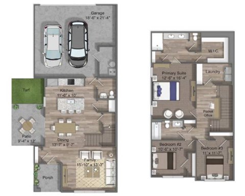 3 bedroom, 2.5 bath, two story duplex with two car garage. 1,655 sqft.