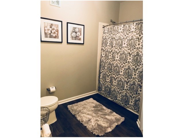 a bathroom with a toilet and a shower and a rug