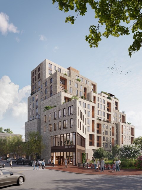 a rendering of a tall building on a city street