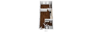 a 1 bedroom floor plan with a bathroom and a kitchen