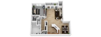a 3d floor plan with a bedroom and a living room