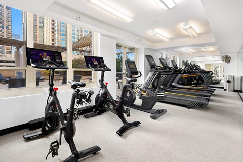the gym has treadmills and exercise equipment in the lobby of the condo