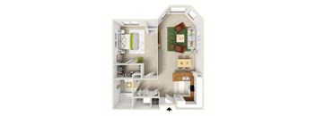 a stylized floor plan with a bedroom and living room