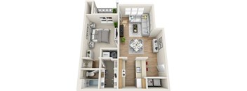 a 3d floor plan of a living room and a dining room