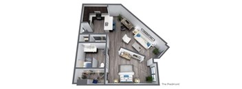 a 3d floor plan with a bedroom and a living room