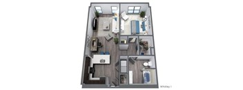 a bedroom floor plan with a bathroom and a living room