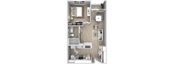a stylized floor plan of a 1 bedroom apartment