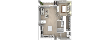 a rendering of a 1 bedroom floor plan with a bathroom and a living room