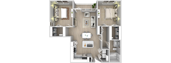 a 3d drawing of a bedroom with a bathroom and a living room