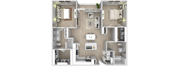 a rendering of the 1 bedroom floor plan with bedrooms and a bathroom