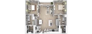 a 3d drawing of a bedroom with a bathroom and a living room