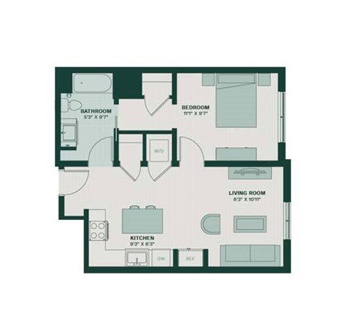 A floor plan of a house with a living room, kitchen, bedroom, and bathroom.