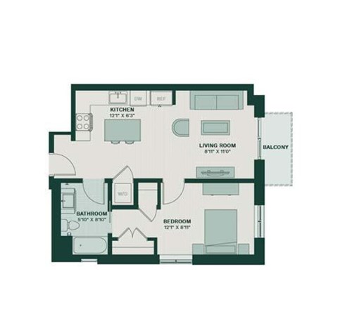 A floor plan of an apartment with a living room, kitchen, balcony, bathroom, and bedroom.