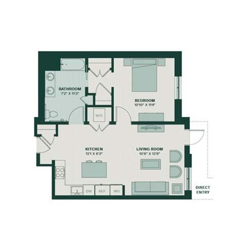 A floor plan of a house with a living room, kitchen, bedroom, and bathroom.