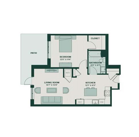 A floor plan of a house with a living room, kitchen, bedroom, bathroom and closet.