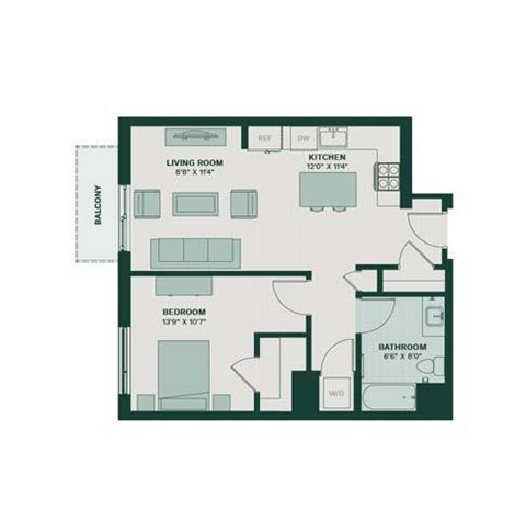 A floor plan of a small apartment with a living room, kitchen, bedroom, and bathroom.