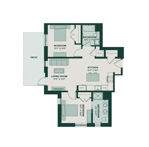 A floor plan of a house with a living room, kitchen, two bedrooms and a bathroom.