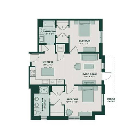 A floor plan of a house with a living room, kitchen, and four bedrooms.