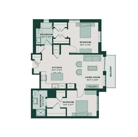 A floor plan of a house with a living room, two bedrooms, a kitchen, a bathroom, and a balcony.
