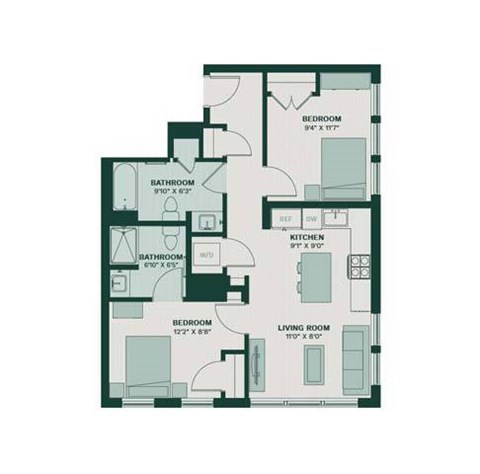 A floor plan of a house with four bedrooms and a living room.