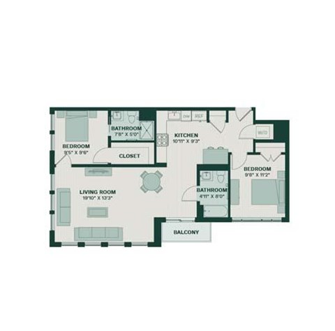 A floor plan of a house with a living room, kitchen, and three bedrooms.