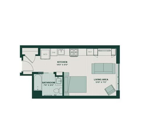 A floor plan of a small apartment with a kitchen, bathroom, and living area.