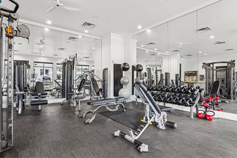 A gym with a variety of equipment including weights and machines.