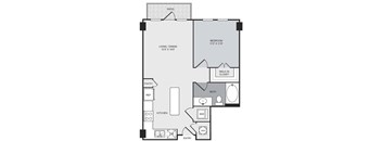 A floor plan of a home with a living room, dining room, kitchen, bathroom, and bedroom.
