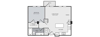 A floor plan of a home with a bedroom, living room, dining area, kitchen, bathroom, and pantry.