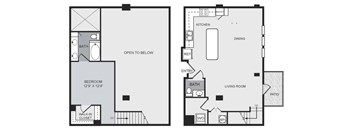 A floor plan of a two-bedroom apartment with a living room, kitchen, and bathroom.