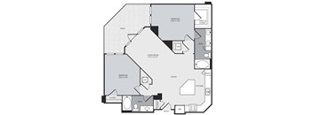 A floor plan of a house with two bedrooms, a living room, a dining area, a kitchen, a pantry, a bathroom, and a walk-in closet.