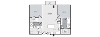 A floor plan of a house with a living room, two bedrooms, a kitchen, a bathroom, a utility room, and a patio.