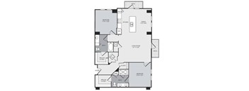 A floor plan of a house with a living room, dining room, kitchen, and two bedrooms.