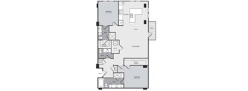 A floor plan of a house with a living room, dining room, kitchen, two bedrooms, two bathrooms, a patio, and a walk-in closet.