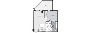 A floor plan of a small apartment with a living room, kitchen, bedroom, and bathroom.
