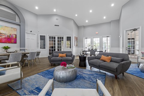 a living room with couches and a coffee table
