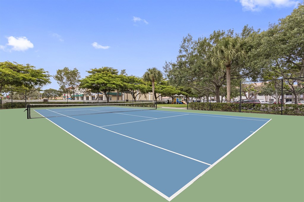 Large community tennis court surrounded in palm trees