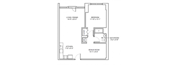 A floor plan of a small apartment with a living/dining area, kitchen, bedroom, bathroom, and bonus room.