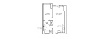 A floor plan of a small apartment with a sleeping area, kitchen, bathroom, and living/dining area.